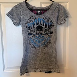 Distressed, open back, reversible Affliction shirt